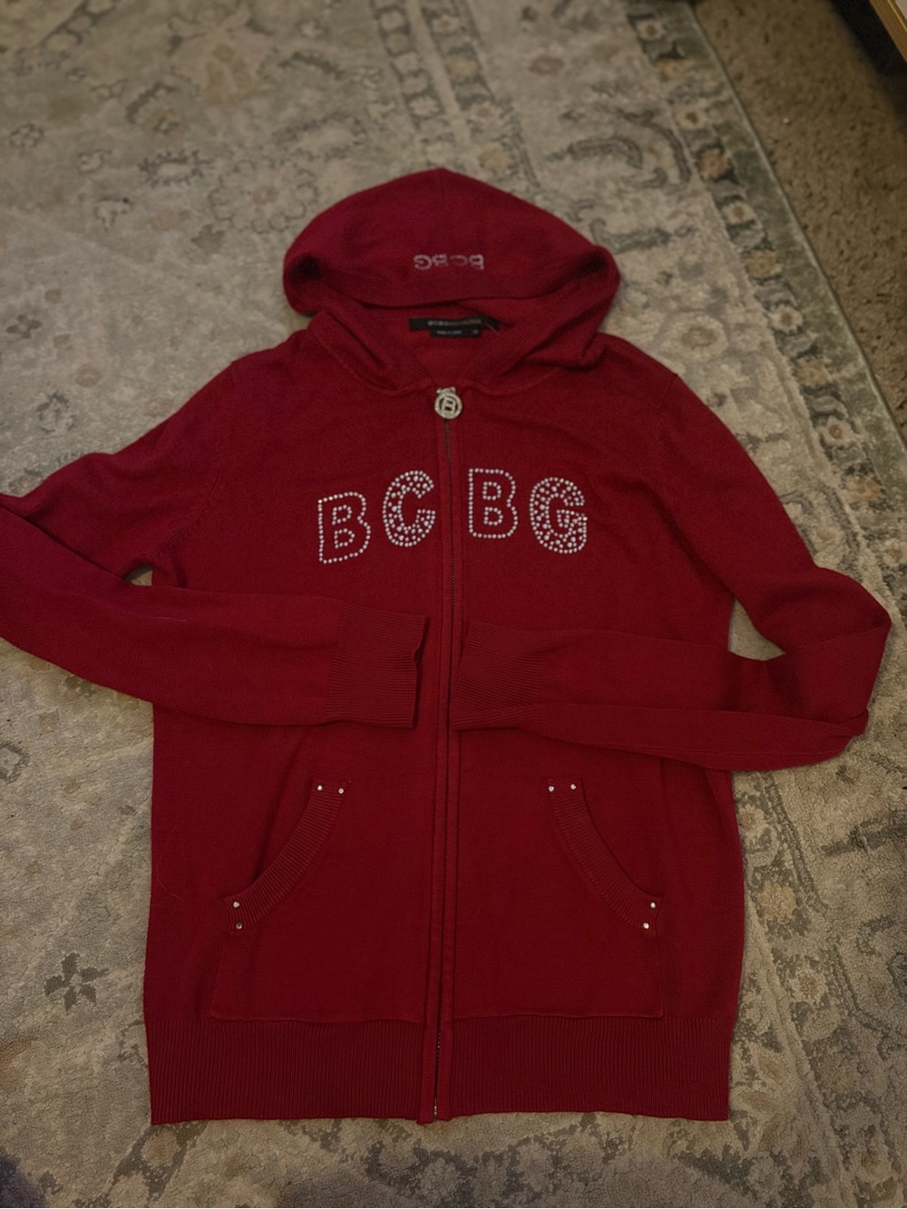 BCBG Red Rhinestone Logo Zip Hoodie